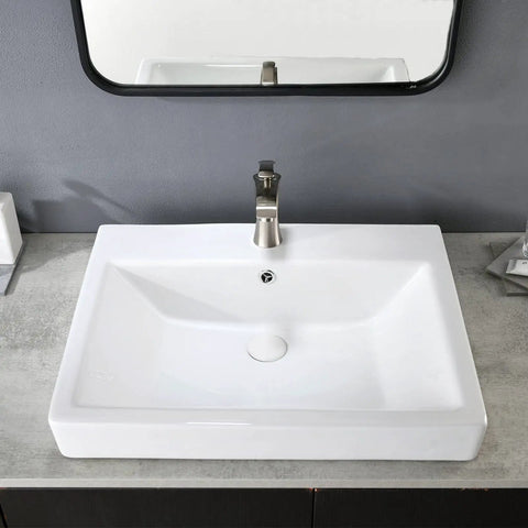 Rectangular White Porcelain Vessel Sink For Bathroom Above Counter With One Faucet Hole, Dope Sleek Glossy Finish, Durable Non Porous Surface, 23.8 Inch Length By 18.5 Inch Width, Modern Lavatory Basin For Vanity Cabinet.