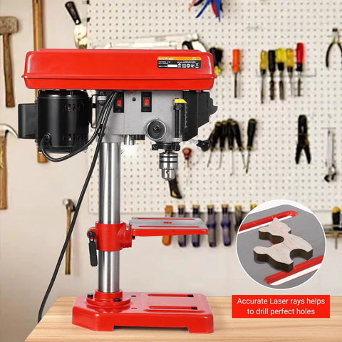 8 Inch Benchtop Drill Press With Laser Guide And Led Light 5 Speed Settings 620 To 3100 Rpm Variable Control for precise drilling tasks.