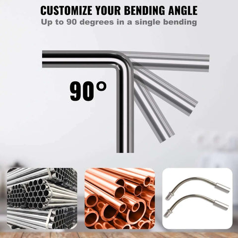 Ratcheting Pipe Bender Kit With 7 Dies And Cutter For 1 Quarter To 7 Eighths Inch Tubes showing 90-degree tubing bend angles