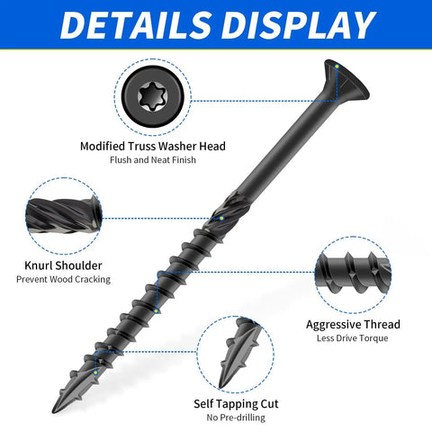 Size 10 Three Inch Deck Screws With Torx T25 Drive, 55 Pack Carbon Steel Black Epoxy Coated For Outdoor Use, Rust Resistant Wood Screws