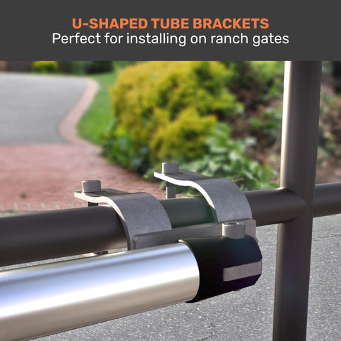 U-Shaped Tube Brackets for Heavy Hitter Single Swing Gate Opener, suitable for ranch gate installation.