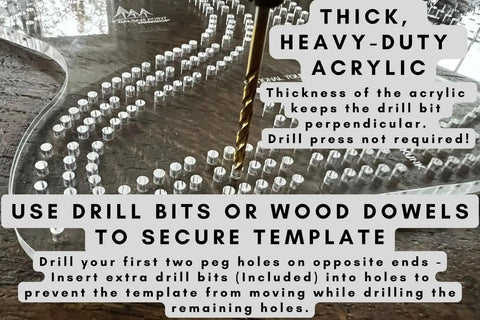 Level Up Your DIY Woodworking Setup With This Heavy Duty Acrylic Cribbage Board Template Jig showing drill bit aligned with holes.