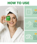 Front view of a woman in a white robe holding a green eyelid wipes packet; right-side panels illustrate usage steps.