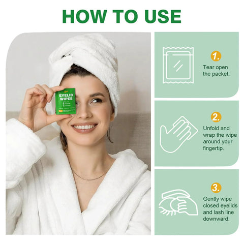 Front view of a woman in a white robe holding a green eyelid wipes packet; right-side panels illustrate usage steps.