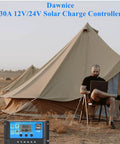 30A Solar Charge Controller PWM 12V 24V Auto Detect Regulator with LCD Display outside a tent in a camping setting