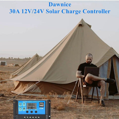 30A Solar Charge Controller PWM 12V 24V Auto Detect Regulator with LCD Display outside a tent in a camping setting