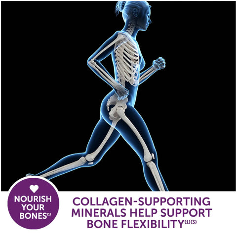 Illustration of a human skeleton in motion showcasing bone health and flexibility, with text about collagen-supporting minerals.