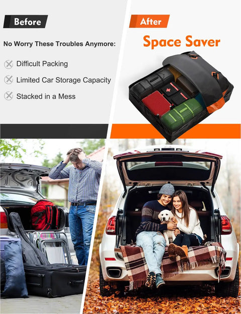 Comparison of car storage before and after using Rooftop Cargo Carrier Bag 30 Cubic Waterproof For All Vehicle Roofs.