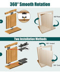 Illustration showing 360° smooth rotation and two installation methods for Badass Heavy Duty Hidden Door Hinge Built Like A Tank From 304 Stainless Steel.