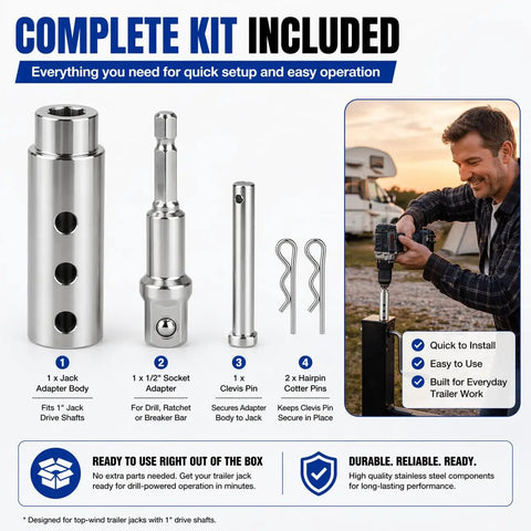 Heavy Duty Trailer Jack Drill Adapter With One Inch Shaft And Half Inch Socket For Standard Drills Locks Dead Tight On One Inch Spindles Zero Wobble Design Makes Flat Repairs Quick And Painless complete kit with jack adapter body, socket, clevis pin, and cotter pins.