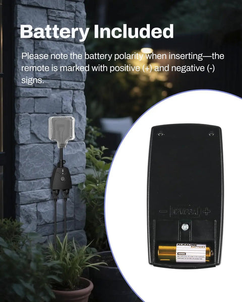 Outdoor Wireless Remote Control Outlet Kit with battery detail and weatherproof power strip installed outside on brick wall.