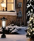 Top Tier Outdoor Light Timer Featuring 24 Hour Programmable Countdown And Photocell Dusk To Dawn Sensor near illuminated Christmas tree in snow.