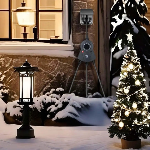 Top Tier Outdoor Light Timer Featuring 24 Hour Programmable Countdown And Photocell Dusk To Dawn Sensor near illuminated Christmas tree in snow.