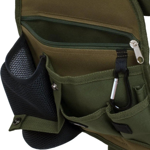 Close-up of All In One Garden Tool Pouch Belt with zip pocket and carabiner, green canvas material, ideal for organizing tools.