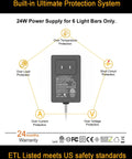 24W power supply with protection features for Under Cabinet LED Light Bar Kit Six Pack 12 Inch Plug In Dimmable Lighting.