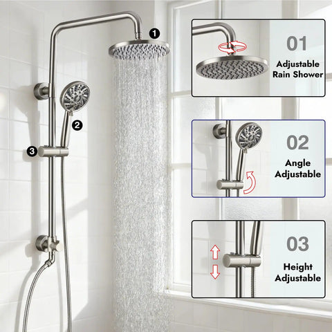 Retrofit Rain Shower System With 8 Inch Rainfall Shower Head, 5-Setting Handheld Spray, Slide Bar, Wall Mount, Brushed Nickel Finish