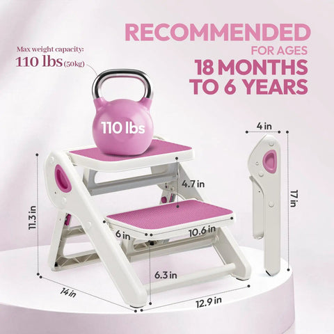 Top Shelf Folding Toddler Step Stool Built Solid For Your Little Munchkins features 110 lbs capacity and dimensions for ages 18 months to 6 years.