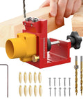 Red pocket hole drill jig with dust collection, used for cabinet installation, deck building, desk assembly; includes drill bits.