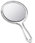 Double Sided Handheld Mirror With 1X And 2X Magnification Clear Handle Round Makeup Mirror For Face Detailing And Mascara Application Great For On The Go with a transparent frame and round shape, 11.5x21 cm size