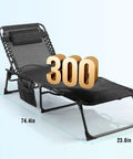 Face Hole Tanning Loungers Set Of 2 Folding Outdoor Lounge Chairs With Five Position Recline and arm slots, side view, measurements shown.