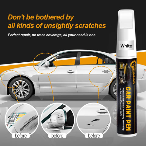 Car paint touch-up pen next to a white car showing before and after scratch repair with Cavalry Blue 8W2 Touch Up Paint For Toyota Cars Color Matched Scratch Repair Pen For FJ Cruiser 4Runner Tacoma Camry RAV4 Tundra Yaris And More Quick Easy Chip And Nick Fix.