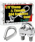 Heavy Duty 20 Piece 304 Stainless Steel Wire Rope Clip Clamp Kit With 15 Clips And 5 Thimbles One Eighth Inch visible with packaging