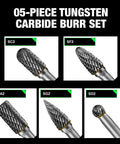 Five Piece Carbide Burr Set With One Quarter Inch Shank And Clear Box Includes 8mm Heads For Die Grinder And Rotary Tools