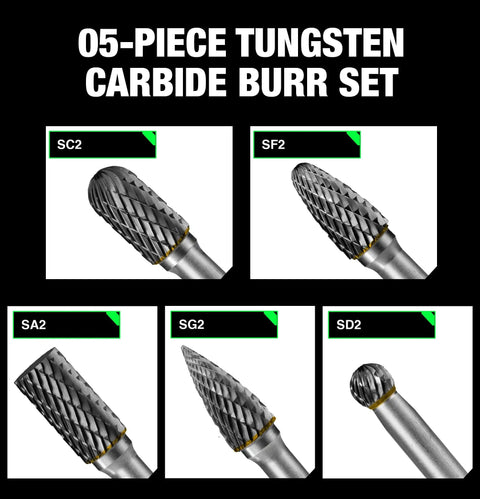 Five Piece Carbide Burr Set With One Quarter Inch Shank And Clear Box Includes 8mm Heads For Die Grinder And Rotary Tools