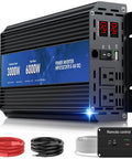 Three Thousand Watt Power Inverter From 12V DC To 110V 120V AC With 6000W Peak LCD Display Remote Control and cables