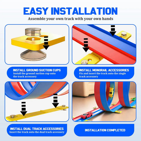 Easy installation guide for 20ft Flex Roll Up Slot Car Race Track with suction cups and stabilizers