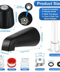 Close-up of Tub Shower Trim Kit With Four In One Tub Spout Adapter, Shower Knob, Matte Black Finish, component dimensions