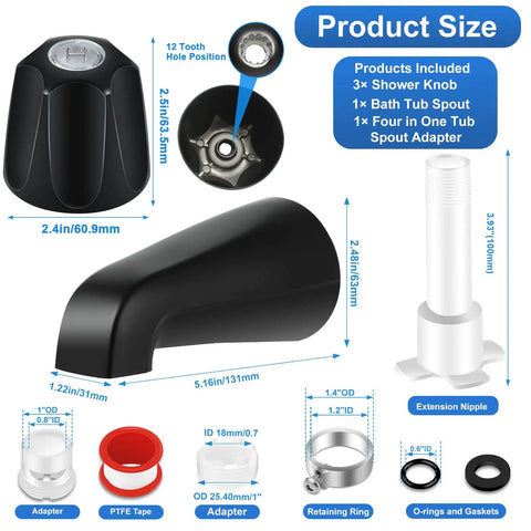 Close-up of Tub Shower Trim Kit With Four In One Tub Spout Adapter, Shower Knob, Matte Black Finish, component dimensions