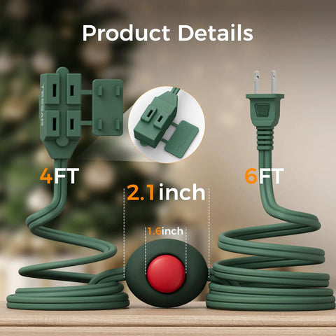Foot Pedal Switch Extension Cord With On Off Switch, 3 Outlets, 10 Foot Length showing product dimensions and close-up details.