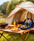 10 Piece Camping Utensils Set Stainless Steel Golden Cutlery outside tent on table with food and drinks, includes knife, fork, spoon