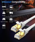 Cat 8 Ethernet Cable 25 Ft Beefy Fast 2000MHz 40Gbps Flat Patch Cord With Gold Plated RJ45 Connectors SFTP 15 Clips shown on laptop