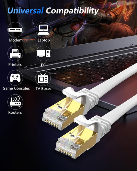 Cat 8 Ethernet Cable 25 Ft Beefy Fast 2000MHz 40Gbps Flat Patch Cord With Gold Plated RJ45 Connectors SFTP 15 Clips shown on laptop