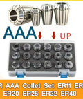 Premium ER11-40 High Precision Tool Holder Collet Chuck Set With Tight 0.008-0.015mm Tolerance For Drills Milling Cutters And Reamers Made From High Carbon Steel, showing collet sizes, including ER11, ER16, ER20.