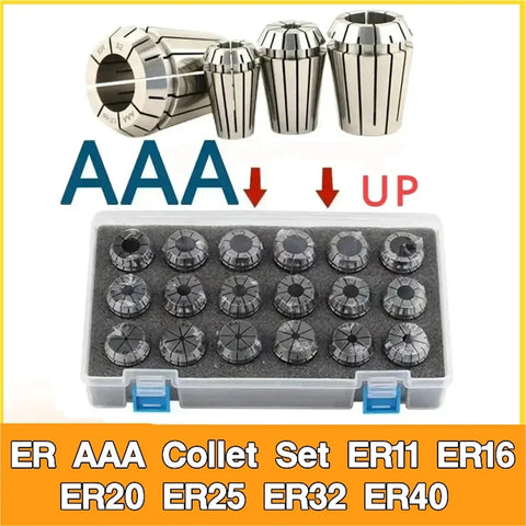 Premium ER11-40 High Precision Tool Holder Collet Chuck Set With Tight 0.008-0.015mm Tolerance For Drills Milling Cutters And Reamers Made From High Carbon Steel, showing collet sizes, including ER11, ER16, ER20.