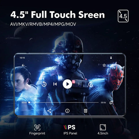 Android MP3 Player With Bluetooth And WiFi 4.5 Inch IPS Touchscreen streams video with characters on screen.