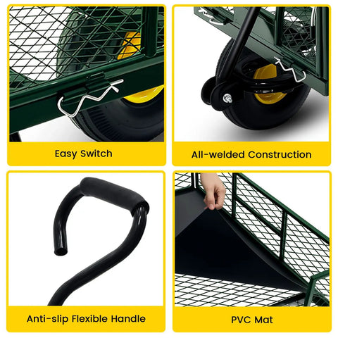 Beefy 900 Lbs Heavy Duty Garden Cart Wagon With Removable Mesh Sides That Convert Into Flatbed 240 Degree U Turn 10 Inch Pneumatic Tires