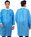 Front and back view of Disposable Lab Coats Pack Of 10 In Blue SMS Polypropylene Anti Static Fluid Resistant Breathable With Pockets Adult Size Medium