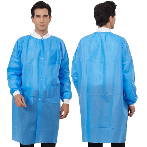 Front and back view of Disposable Lab Coats Pack Of 10 In Blue SMS Polypropylene Anti Static Fluid Resistant Breathable With Pockets Adult Size Medium