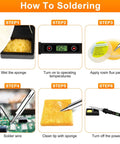 Steps for using Pro Grade Soldering Iron Kit With 80W Power And LCD Temperature Readout From 180 To 520 Degrees Celsius, A Handy 13 In 1 Electronics Repair Kit With On Off Switch, Solder Wire, Flux, Five Tips, Desoldering Pump, Stand And Tweezers shown in sequence
