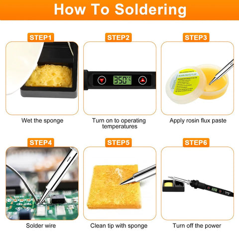Steps for using Pro Grade Soldering Iron Kit With 80W Power And LCD Temperature Readout From 180 To 520 Degrees Celsius, A Handy 13 In 1 Electronics Repair Kit With On Off Switch, Solder Wire, Flux, Five Tips, Desoldering Pump, Stand And Tweezers shown in sequence