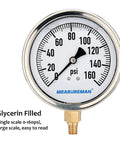 Front view of 4 Inch Glycerin Filled Plumbing Pressure Gauge Zero To One Hundred Sixty Psi With Stainless Steel Case One Quarter Inch NPT Lower Mount