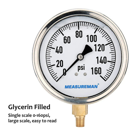 Front view of 4 Inch Glycerin Filled Plumbing Pressure Gauge Zero To One Hundred Sixty Psi With Stainless Steel Case One Quarter Inch NPT Lower Mount
