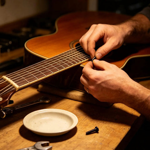Installing Black M2.5x18.5mm Tuner Peg Screws And Washers For Classical Guitar Machine Heads on an acoustic guitar.
