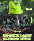 18 Inch Electric Tiller Cultivator With 13.5 Amp Motor, 6 Steel Tines, 8 Inch Tilling Depth, shown on soil background