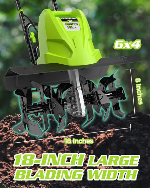 18 Inch Electric Tiller Cultivator With 13.5 Amp Motor, 6 Steel Tines, 8 Inch Tilling Depth, shown on soil background