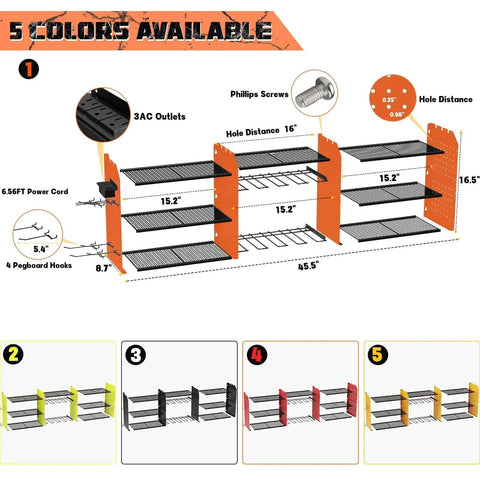Diagram of Power Tool Organizer Wall Mount With Charging Station, Three Layer Heavy Duty Garage Storage, orange color options.
